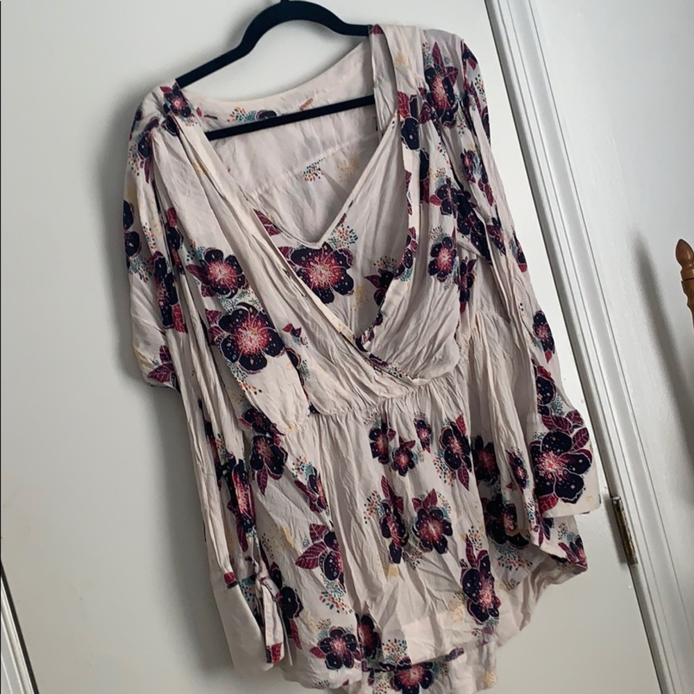 Free People Cream Floral Wrap Tunic with Pink and Purple Accents